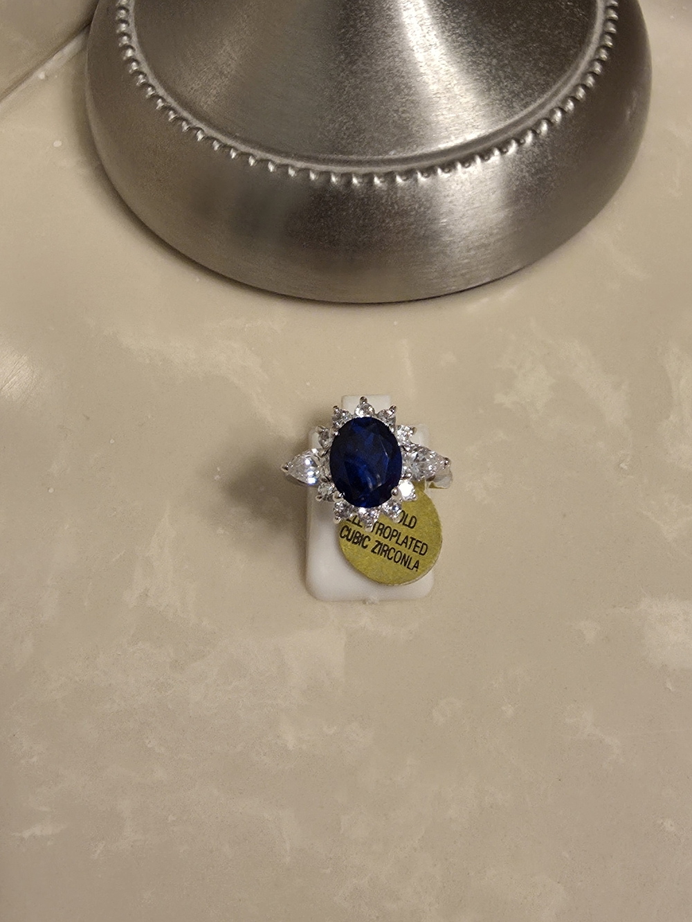 14K White Gold Plated CZ and Sapphire Ring Size 6